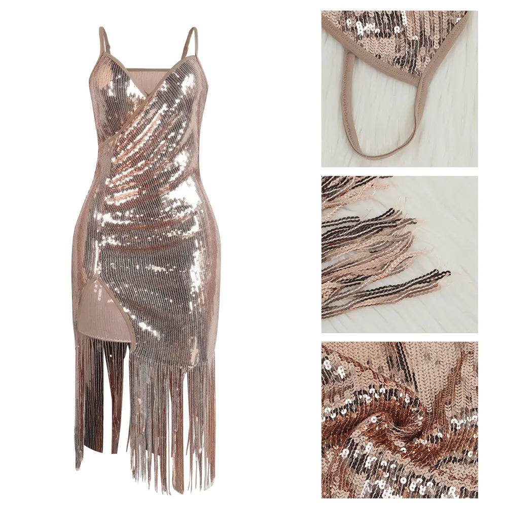 K8817 Sequin Fringe Split Dress for Nightclub Parties