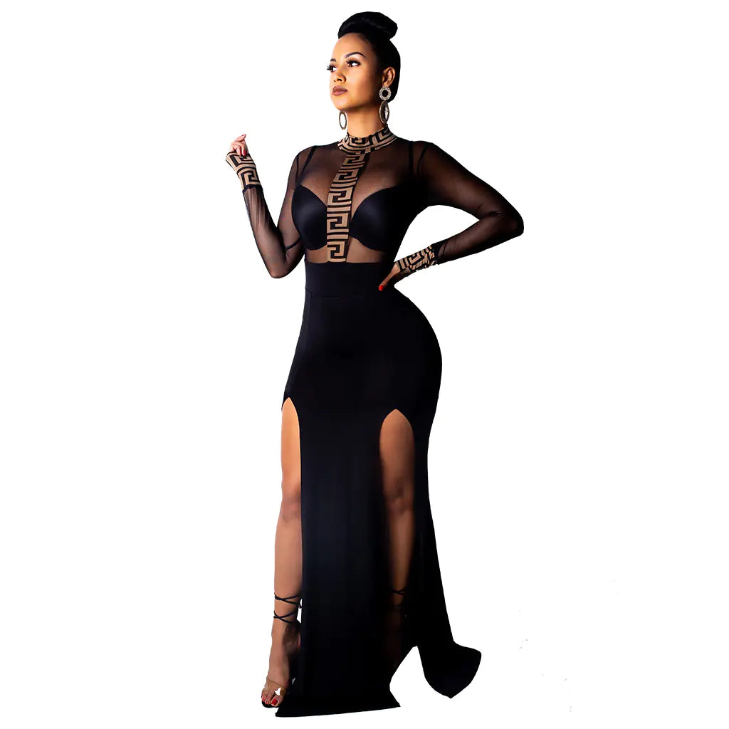 Sheer Side-Slit Dress for Evening and Nightclub Wear