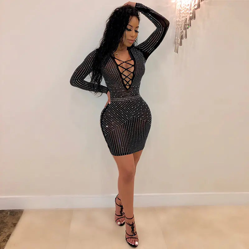 Mesh Rhinestone Strap Dress for Women - Sexy Nightclub Wear