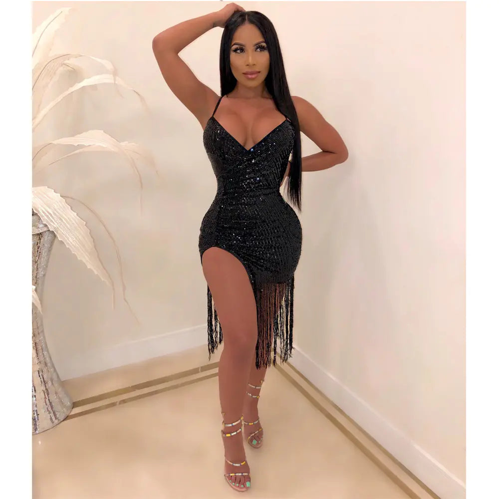 K8817 Sequin Fringe Split Dress for Nightclub Parties