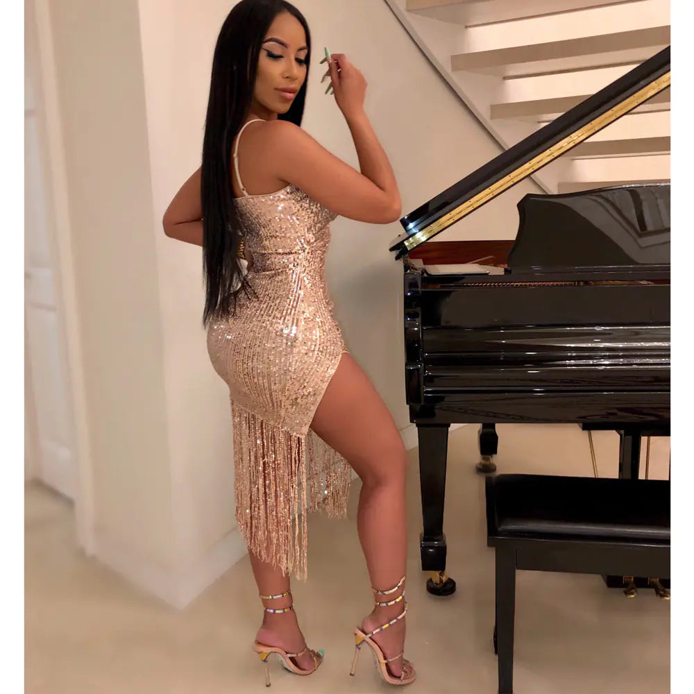 K8817 Sequin Fringe Split Dress for Nightclub Parties