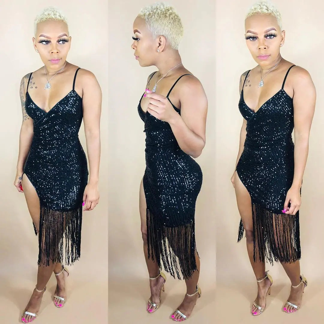 K8817 Sequin Fringe Split Dress for Nightclub Parties