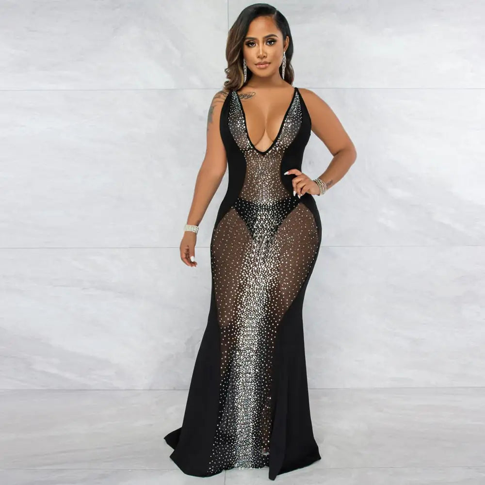 Rhinestone Mesh Jumpsuit for Nightclub Wear