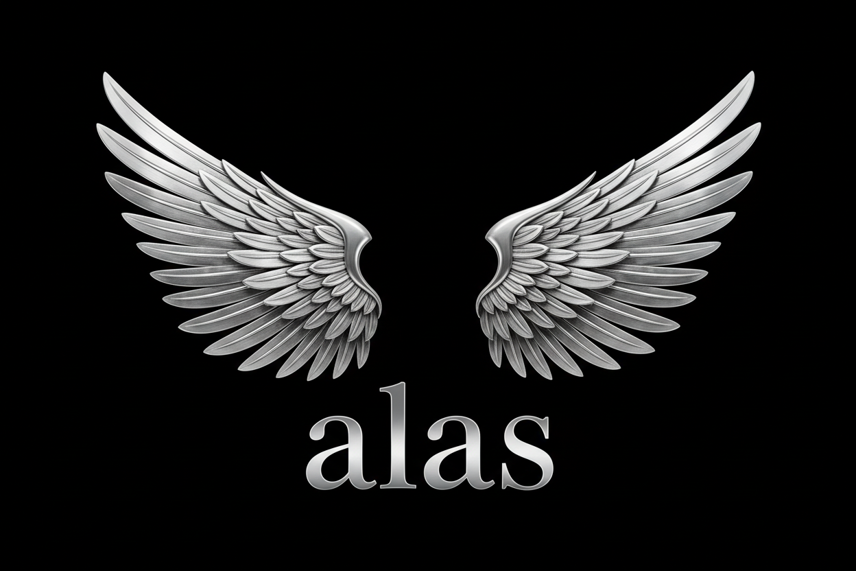 Fondo negro con unas alas plateadas y la palabra alas