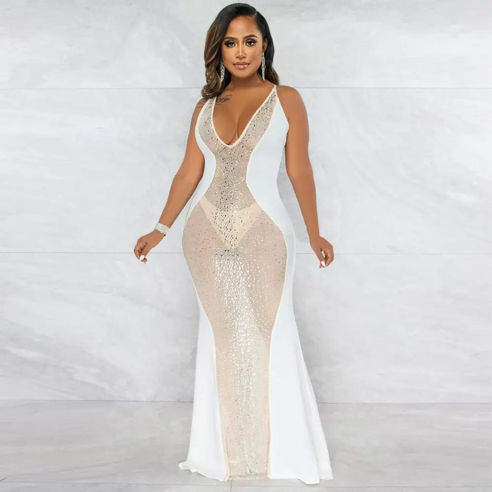 Rhinestone Mesh Jumpsuit for Nightclub Wear