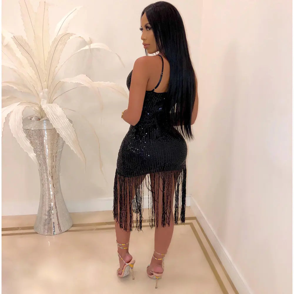 K8817 Sequin Fringe Split Dress for Nightclub Parties